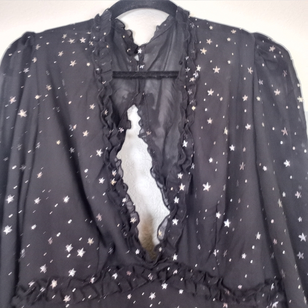 Whimsigoth Sheer Black Silver Star Ruffled Deep V Festive Holiday Dress XL - Picture 2 of 11